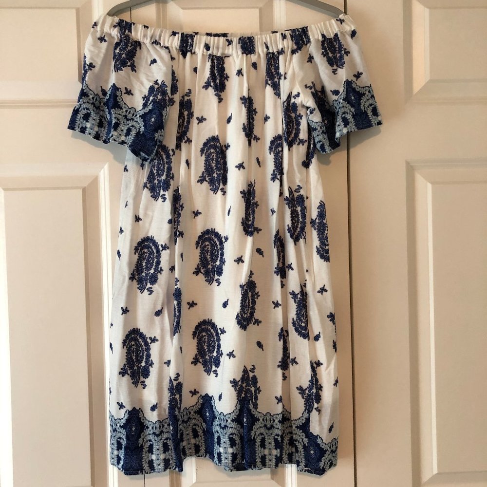 Blue and White Off the Shoulder Dress